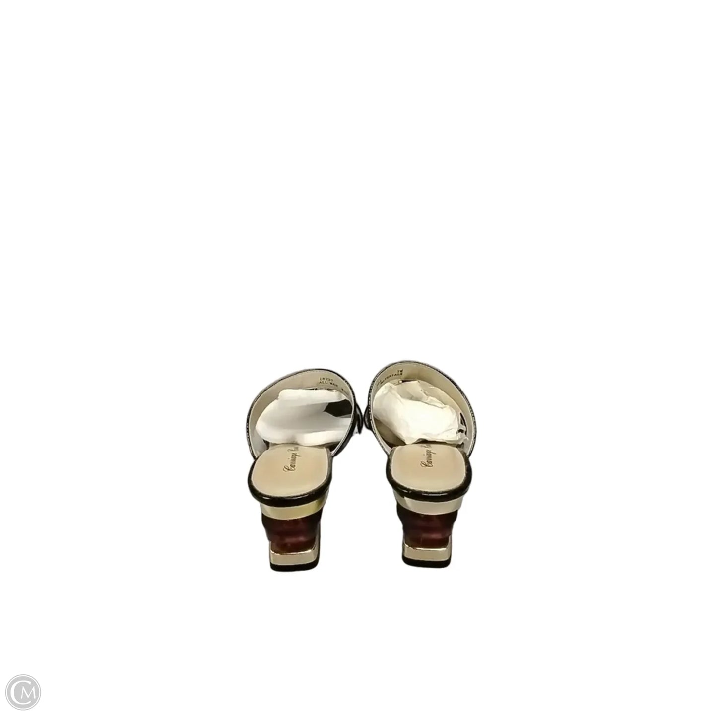 Sandals Heels Kitten By Clothes Mentor In Black & Gold, Size: 7