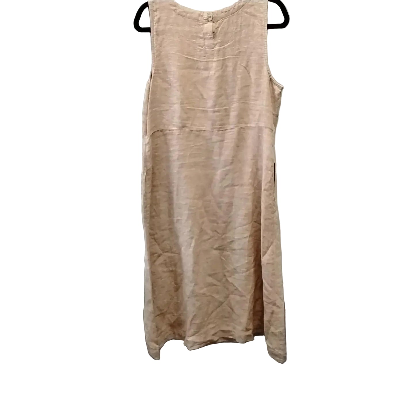 Beige sleeveless dress hanging on a rack against a plain background