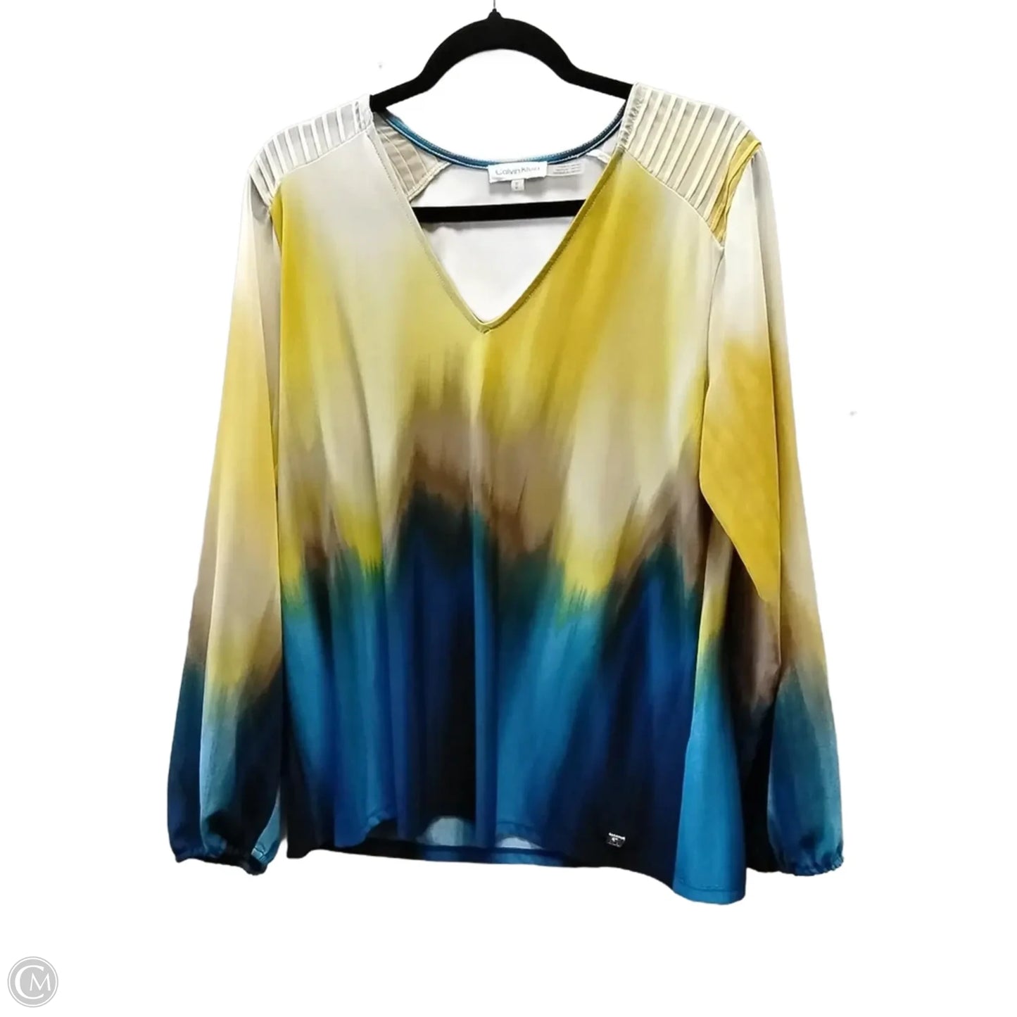 Blouse Long Sleeve By Calvin Klein In Blue & Cream, Size: M