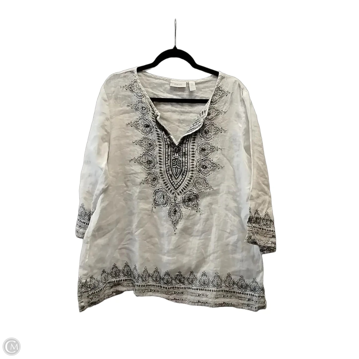Blouse 3/4 Sleeve By Chicos In Silver & White, Size: L