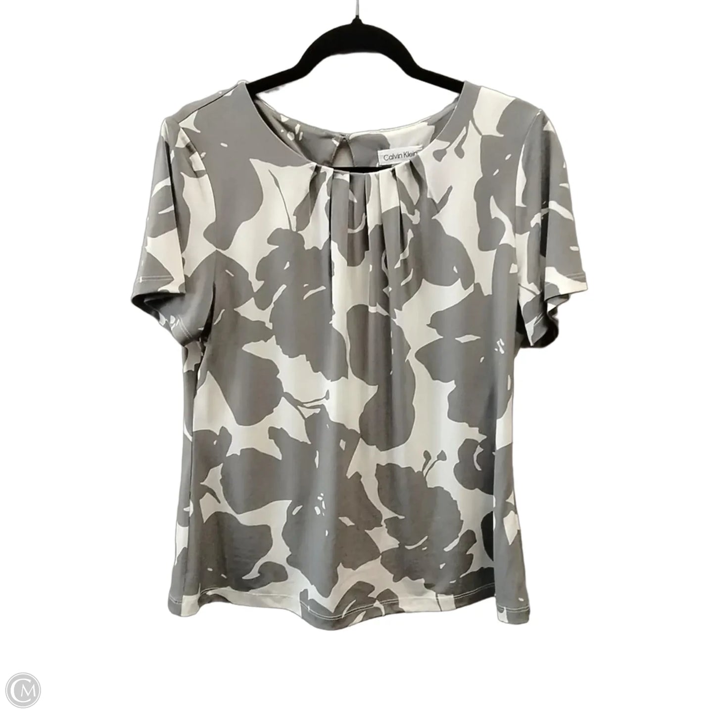 Blouse Short Sleeve By Calvin Klein In Grey & White, Size: L
