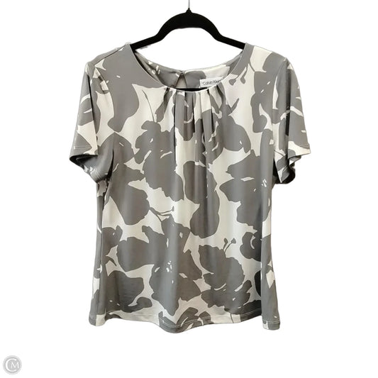Blouse Short Sleeve By Calvin Klein In Grey & White, Size: L