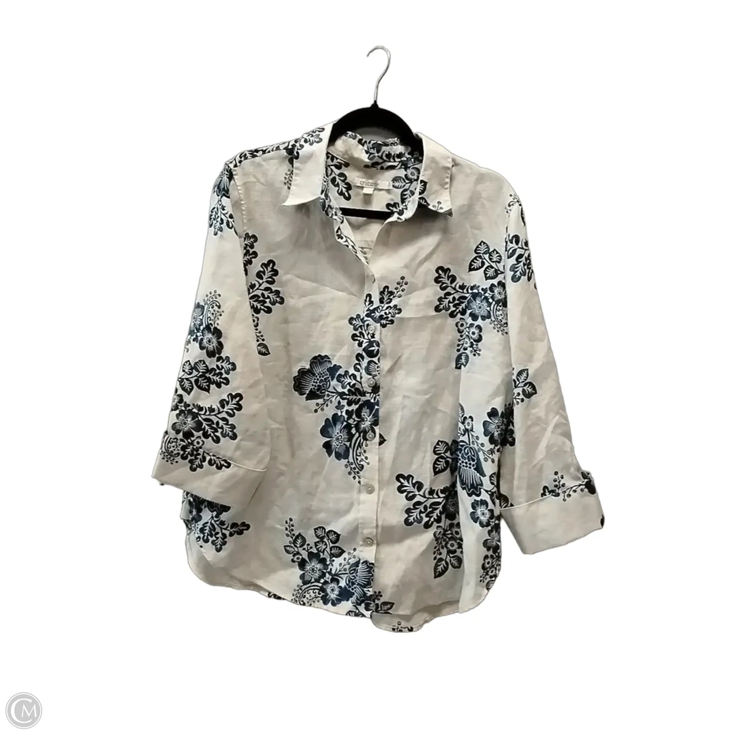 Blouse Short Sleeve By Chicos In Blue & Cream, Size: L