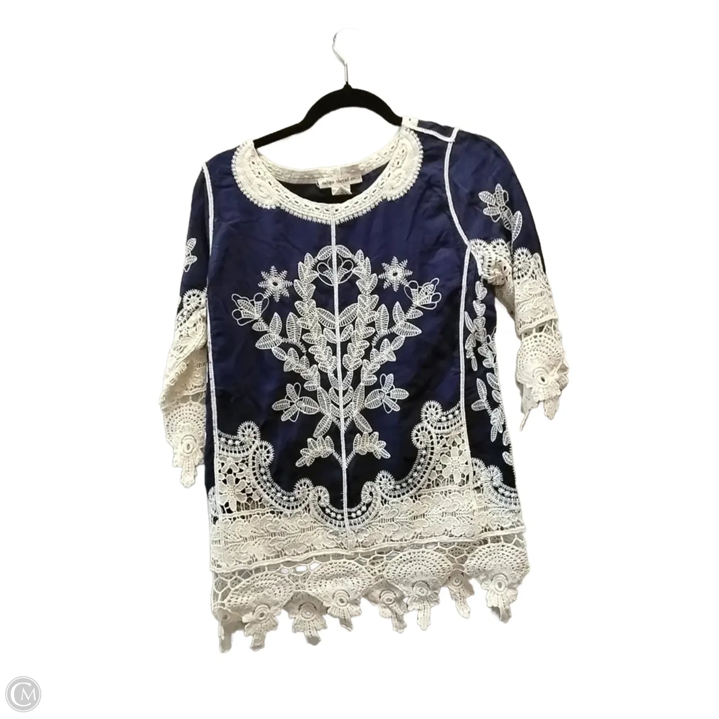 Blouse 3/4 Sleeve By Indigo Thread In Blue & Cream, Size: Xs