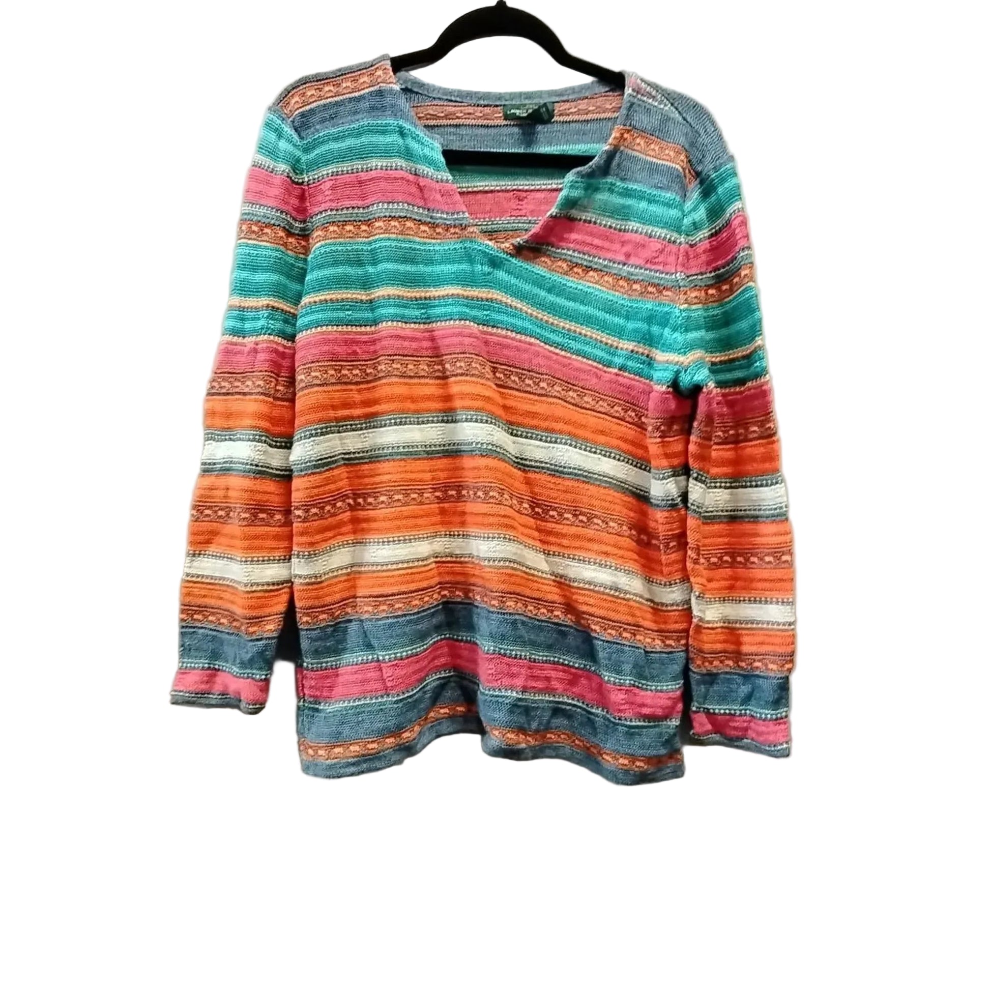 Colorful striped sweater on a hanger against a plain background